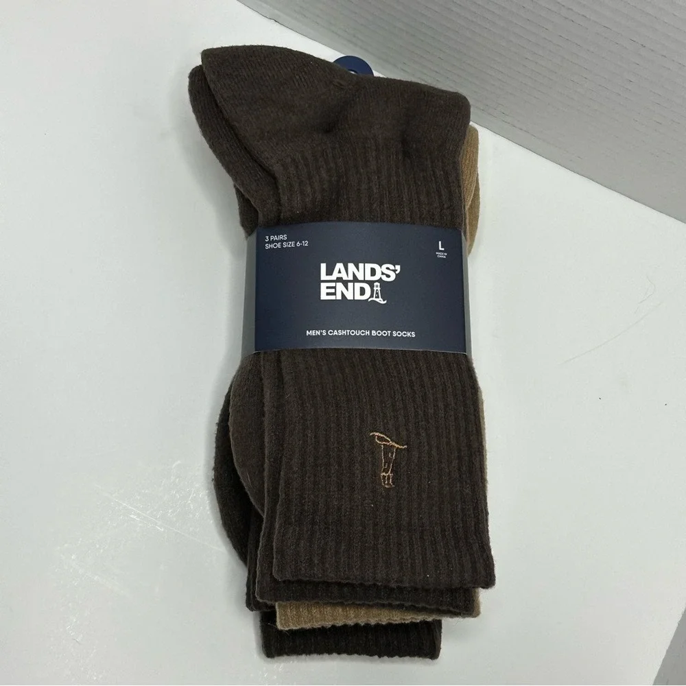 NWT Lands' End Men's Soft Touch Boot Socks 3 Pack Full Terry Sz Lg Brown &‎ Tan